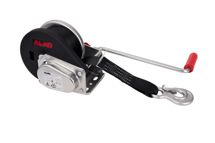 Treuil manuel pour remorque dépanneuse AL-KO 900kg avec courroie de 7m, frein et déroulement automatique
