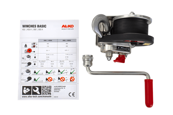 Treuil manuel pour remorque dépanneuse AL-KO 450kg avec une courroie de 6m, frein et déroulement automatique