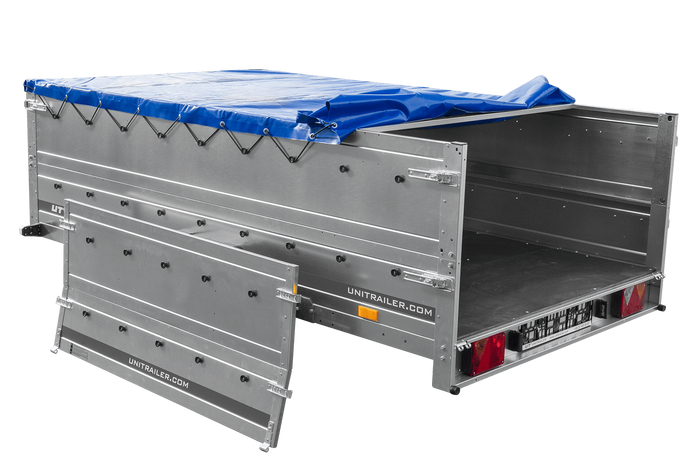 Remorque à essieu simple 264x150 UNITRAILER GARDEN 265 KIPP avec ridelles BIS, châssis H-0 et bâche bleue