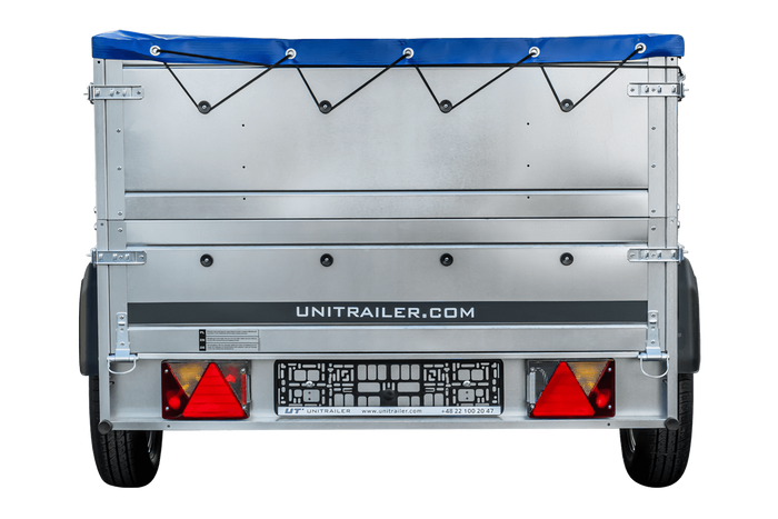 REMORQUE DE JARDIN 230 KIPP AVEC ROUE JOINTE, GLISSIÈRES BIS ET BÂCHE PLATE BLEUE