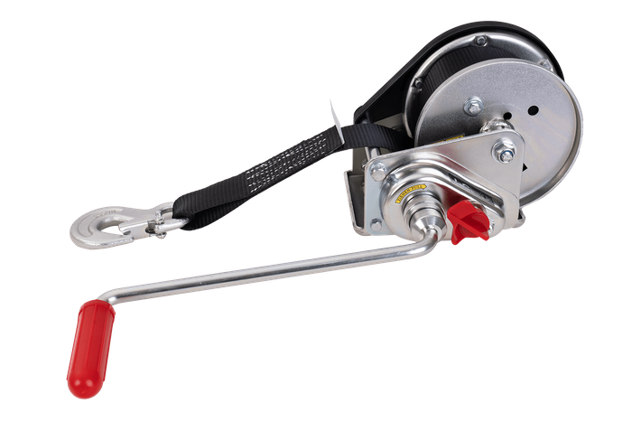 Treuil manuel pour remorque dépanneuse AL-KO 900kg avec courroie de 7m, frein et déroulement automatique