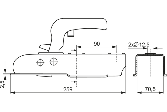 Attelage à boule STEELPRESS ZSK-0750J pour remorque de 750kg avec timon carré de 70mm