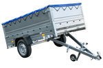 REMORQUE DE JARDIN 230 KIPP AVEC ROUE JOINTE, GLISSIÈRES BIS ET BÂCHE PLATE BLEUE