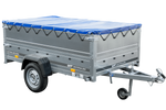 REMORQUE DE JARDIN 230 KIPP AVEC ROUE JOINTE, GLISSIÈRES BIS ET BÂCHE PLATE BLEUE