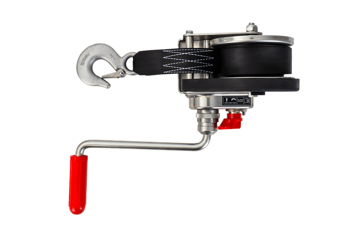 Treuil manuel pour remorque dépanneuse AL-KO 450kg avec une courroie de 6m, frein et déroulement automatique