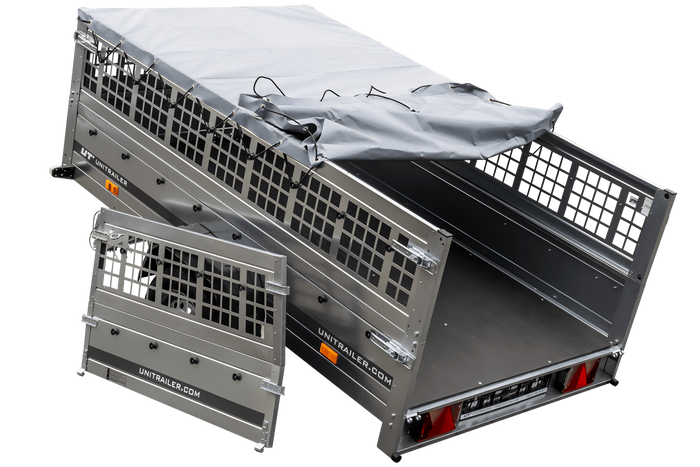 Grande remorque 230x125 avec bâche plate, ridelles grillagées, roue jockey et tiges de support bâche - Garden Trailer 230 KIPP