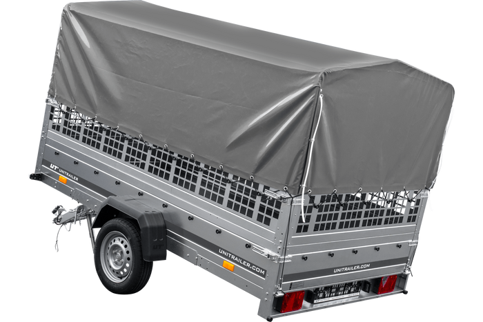 Remorque voiture 264x150 UNITRAILER GARDEN 265 KIPP avec ridelles grillagées, arceau H-800 et bâche grise