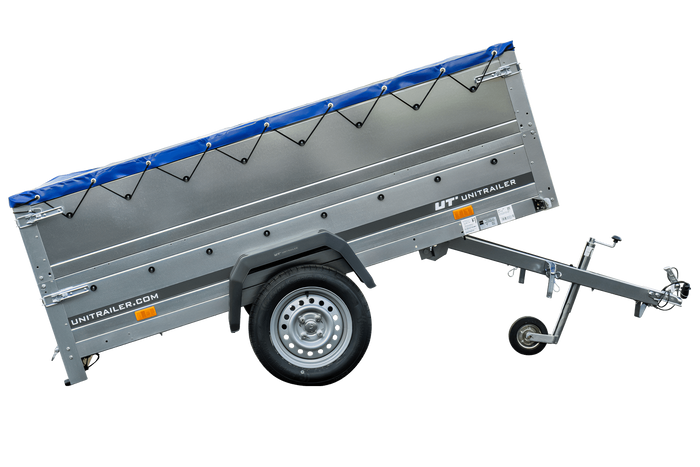 REMORQUE DE JARDIN 230 KIPP AVEC ROUE JOINTE, GLISSIÈRES BIS ET BÂCHE PLATE BLEUE