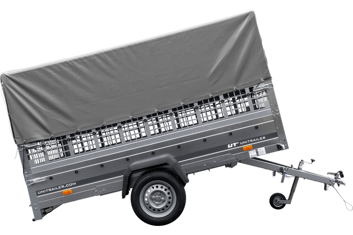 Remorque voiture 264x150 UNITRAILER GARDEN 265 KIPP avec ridelles grillagées, arceau H-800 et bâche grise