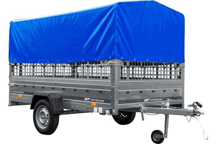 Remorque voiture 264x150 UNITRAILER GARDEN 265 KIPP avec ridelles grillagées, arceau H-800 et bâche bleue