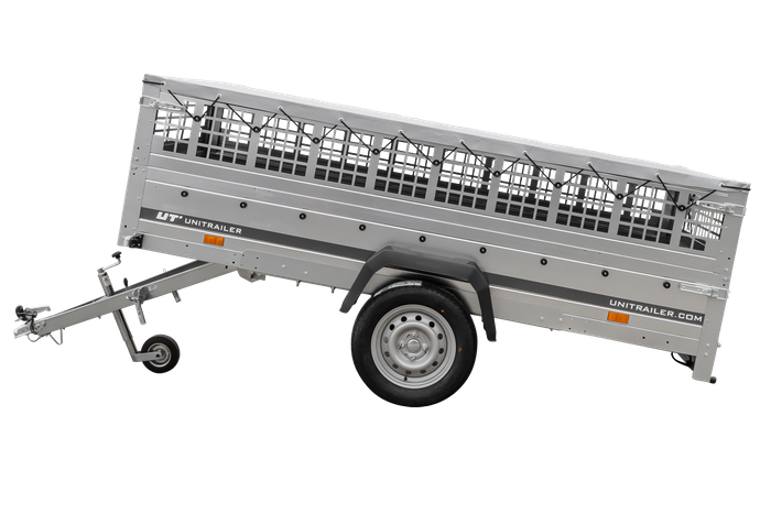 REMORQUE DE JARDIN 264 KIPP AVEC ROUE JOINTE, CÔTÉS GRILLÉS ET BÂCHE PLATE GRIS