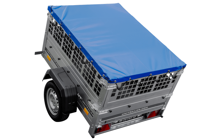 PETITE REMORQUE À VENDRE - GARDEN TRAILER 150 KIPP [AVEC BÂCHE PLATE BLEUE, ROUE JOCKEY ET TIGES DE SUPPORT BÂCHE]