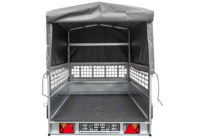 Grande remorque 230x125 avec bâche haute grise, ridelles grillagées et roue jockey - Garden Trailer 230 KIPP