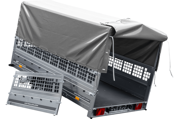 Remorque voiture 264x150 UNITRAILER GARDEN 265 KIPP avec ridelles grillagées, arceau H-800 et bâche grise