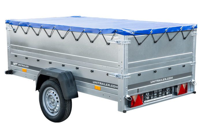 REMORQUE DE JARDIN 230 KIPP AVEC ROUE JOINTE, GLISSIÈRES BIS ET BÂCHE PLATE BLEUE