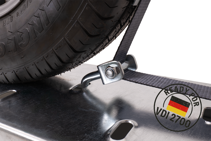 Lot de quatre sangles de transport, d'arrimage pour remorque HEFFA CARLINE 130,  fixation des roues 2,8 m/50 mm/5 t VDI 2700