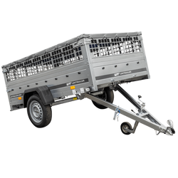 REMORQUE DE JARDIN 230 KIPP AVEC ROUE DE SUPPORT, CÔTÉS GRILLÉS ET Bâche PLATE GRIS