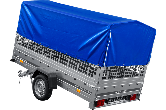 Remorque voiture 264x150 UNITRAILER GARDEN 265 KIPP avec ridelles grillagées, arceau H-800 et bâche bleue