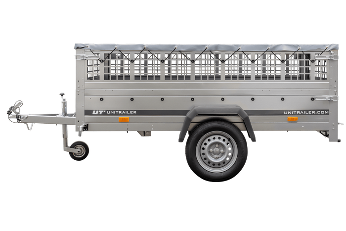 Grande remorque 230x125 avec bâche plate, ridelles grillagées, roue jockey et tiges de support bâche - Garden Trailer 230 KIPP