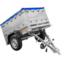 Remorque petite à vendre à benne basculante - Garden Trailer 150 KIPP [avec rehausses de ridelles et bâche plate bleue]