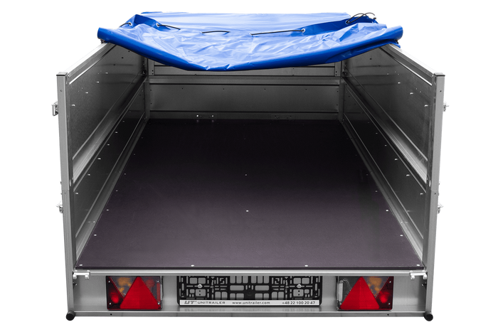 Remorque simple essieu Unitrailer GARDEN TRAILER 264 KIPP avec rehausses de ridelles et bâche plate bleue
