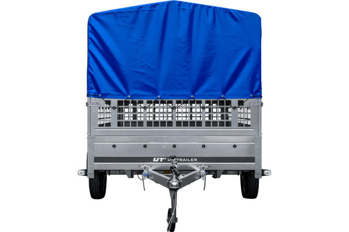 Remorque voiture 264x150 UNITRAILER GARDEN 265 KIPP avec ridelles grillagées, arceau H-800 et bâche bleue