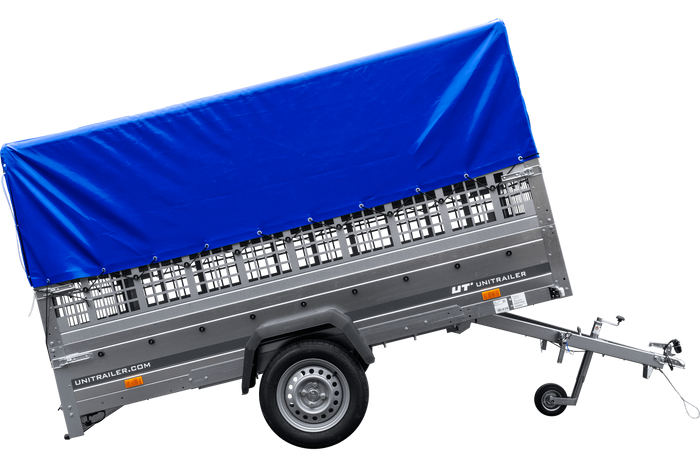 Remorque voiture 264x150 UNITRAILER GARDEN 265 KIPP avec ridelles grillagées, arceau H-800 et bâche bleue