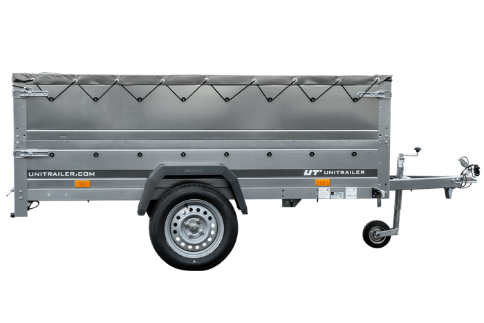 Grande remorque 230x125 avec bâche plate grise, rehausses de ridelles et roue jockey - Garden Trailer 230 KIPP