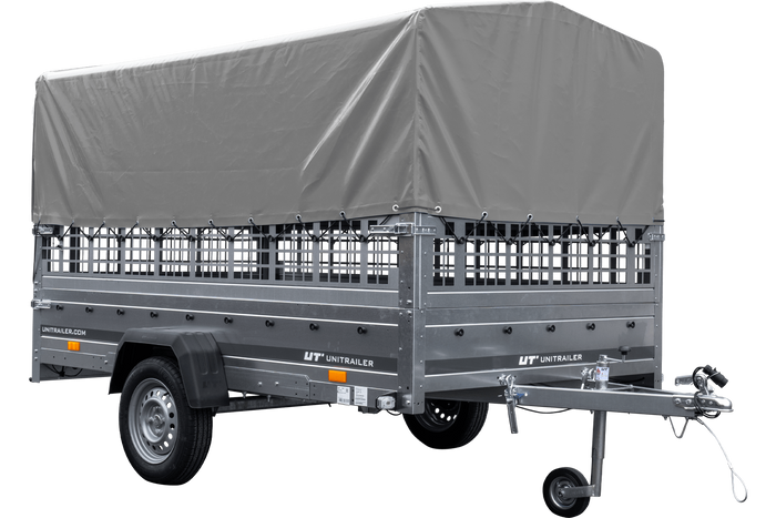 Remorque voiture 264x150 UNITRAILER GARDEN 265 KIPP avec ridelles grillagées, arceau H-800 et bâche grise