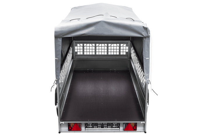 REMORQUE DE JARDIN 264 KIPP AVEC ROUE JOINTE, CÔTÉS GRILLÉS, CHÂSSIS H-800 ET BACHE GRISE