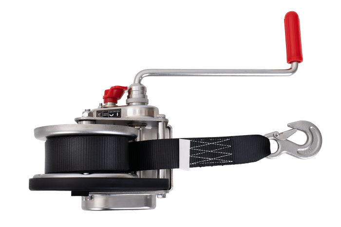 Treuil manuel pour remorque dépanneuse AL-KO 900kg avec courroie de 7m, frein et déroulement automatique